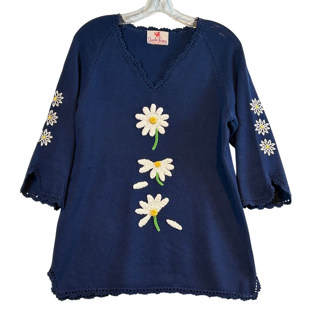 VTG Quacker Factory Navy Blue‎ Knit Crochet Daisy Floral Cottagecore Spring Fun